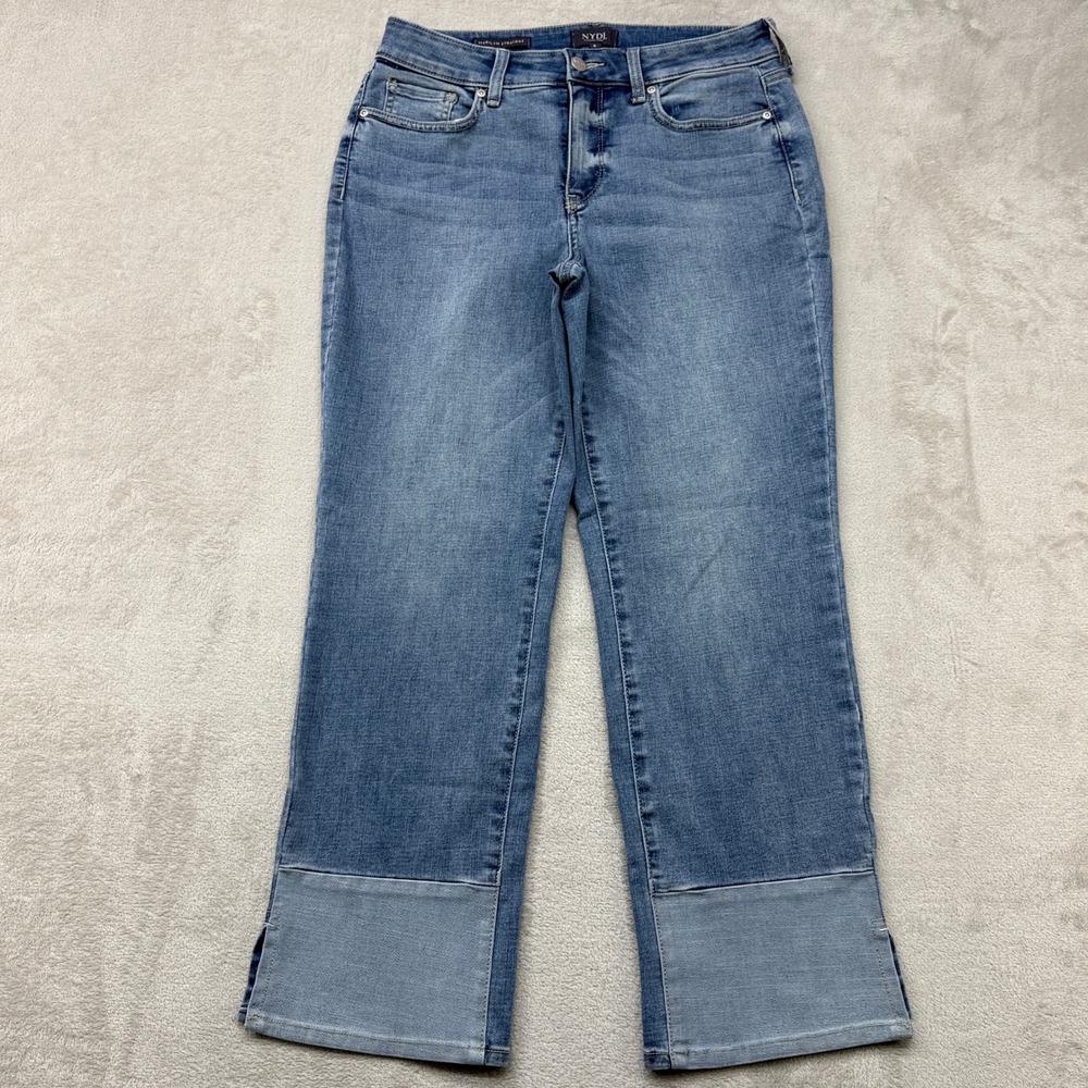 NYDJ Marilyn Straight Jeans Women 8 Blue Lift Tuck Released Hem Colorblock Denim